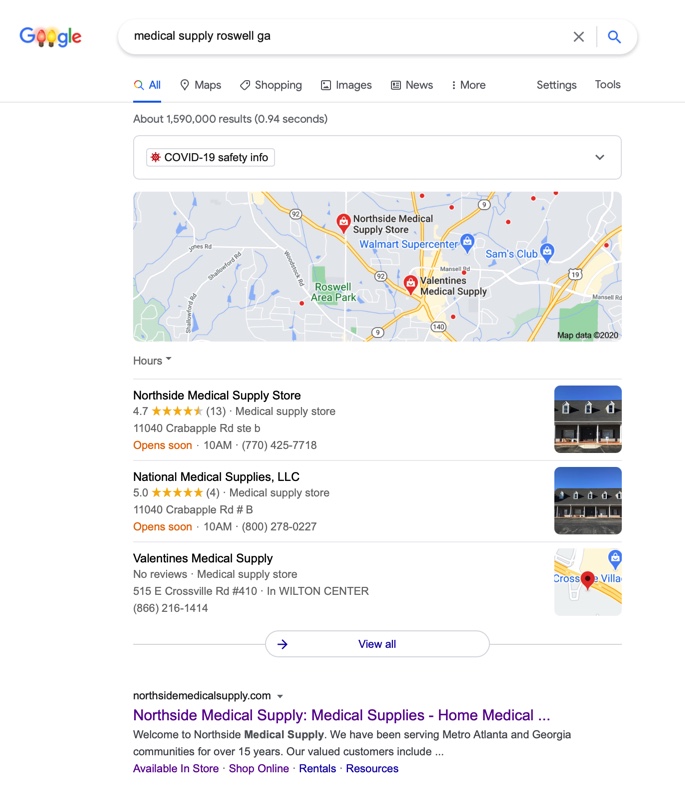 Google ranking for Northside Medical Supply store